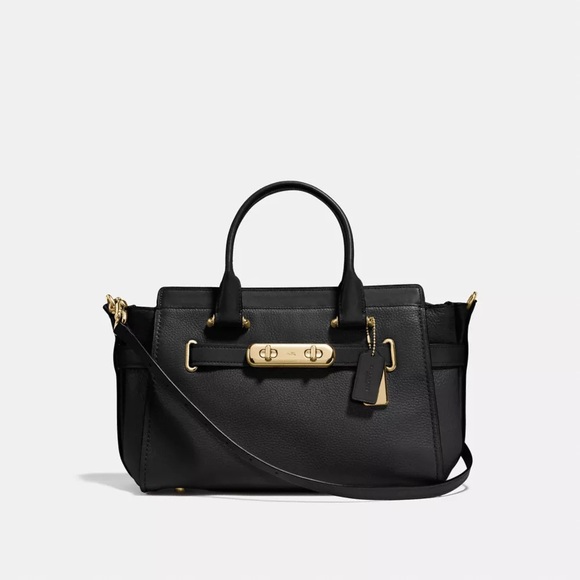 Coach Swagger Black Leather Satchel Handbag with Gold Hardware